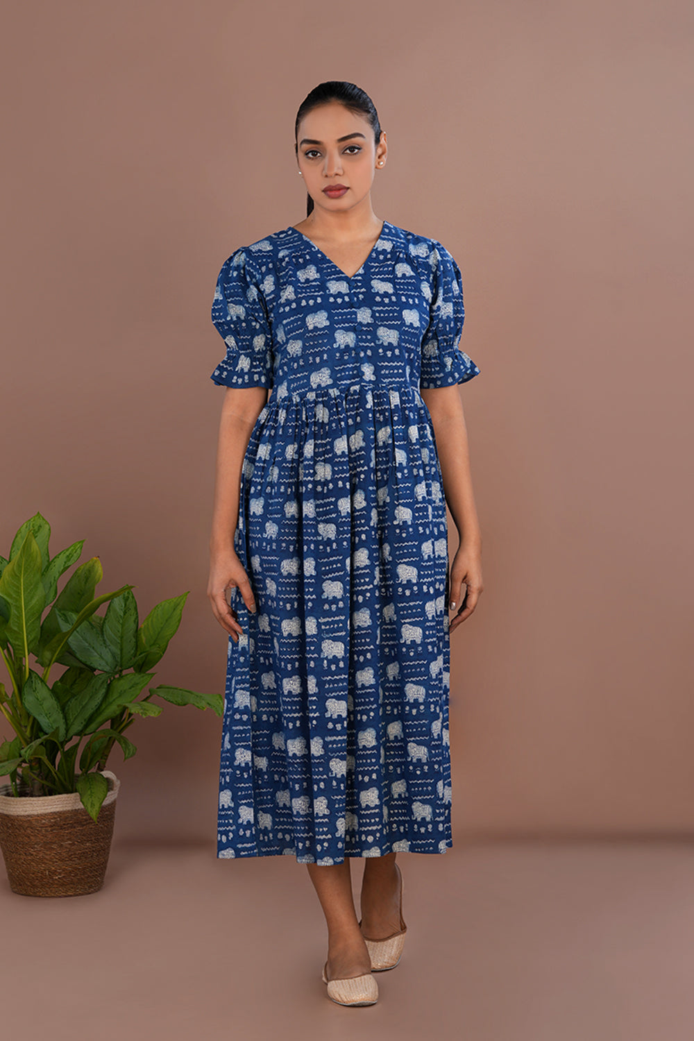 Image of Indigo blue elephant Bagru dress
